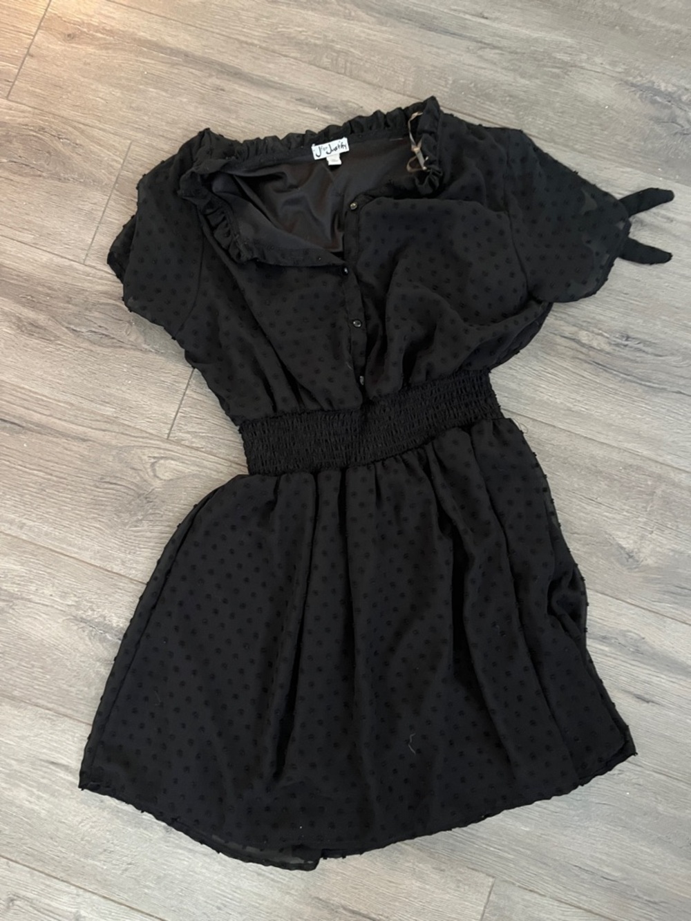 Black Swiss Dot Smocked Waist Mini Dress